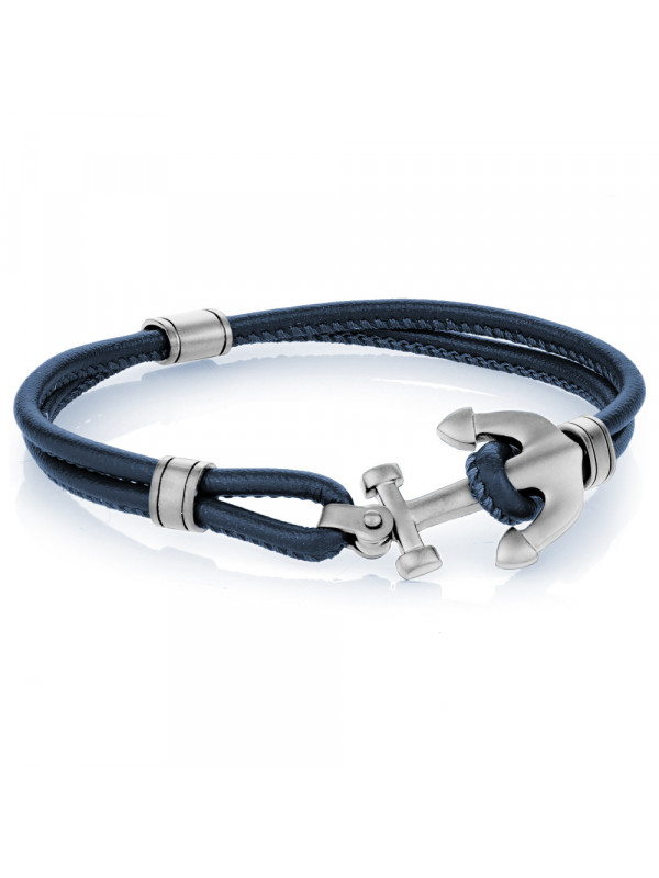 Matte Stainless Steel Anchor Blue Leather 8.2'' Bracelet